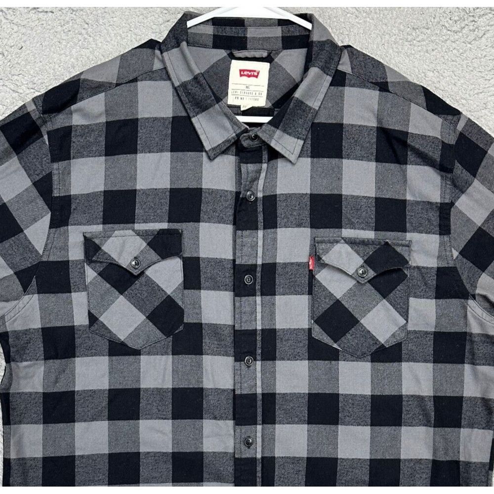 Levis Shirt Adult 2XL Black Grey Check Flannel Button Up Double Flap Pockets Men